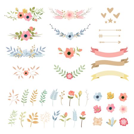 Wedding flowers decoration colorful vector illustrations set. Floral flat decor collection. Pastel colors , branches and leaves. Bridal bouquet. Botanical borders design elements pack