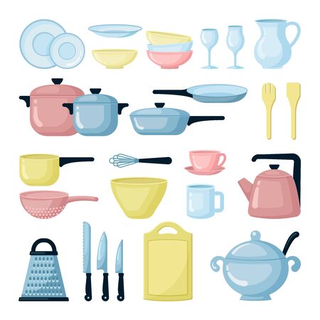 Colorful pots and pans flat illustrations set. Glassware and cooking utensils collection. Kitchen tableware. Colander, grater, cutting board. Cookware equipment isolated on white backgroundのイラスト素材