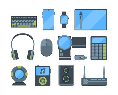 Different modern electronic gadgets flat illustrations set. Computer mouse and keyboard, webcam, headphones. Video camera, flash drive, mp3 player. Technology elements isolated on white backgroundのイラスト素材