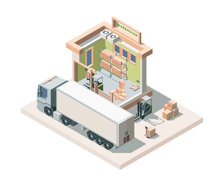 Warehouse building with truck and cargo isometric vector illustrationのイラスト素材
