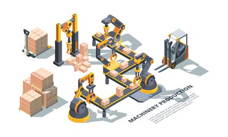 Machinery production, conveyor colorful isometric vector illustrationのイラスト素材