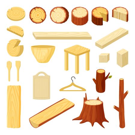 wooden products. branches trunks stumps planks for different home items hanger and cutting board. vector setのイラスト素材