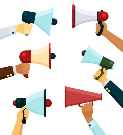 loudspeaker in hands. propaganda or promotional message announces hands holding megaphones. vector coloredのイラスト素材