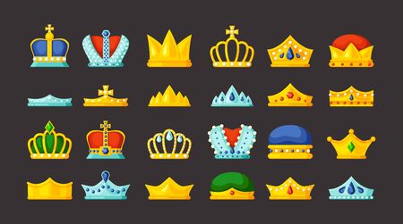 monarch symbols. golden diadems and luxury crowns with gems royal collection vector items for kings princes and queensのイラスト素材