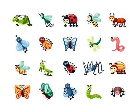cartoon insects. grasshoppers butterflies spiders caterpillars beetles cockroaches ants flies worms. vector wildlife bugsのイラスト素材
