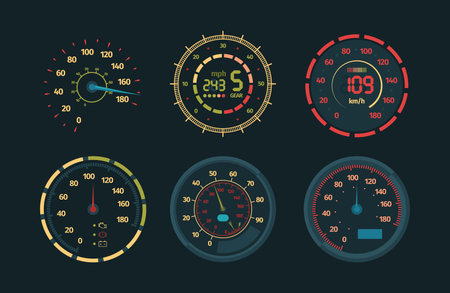 speedometer. transport measurements counter of automobile speed accelerating display circles with numbers. Vector setのイラスト素材