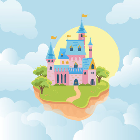 castle in sky. fairytale medieval building in flying island. Pink walls and towers kingdom architectural object in sky. Vector illustration of fortressのイラスト素材