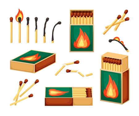 matches collection. safety burn from wooden matches packages. Vector cartoon flame illustrationのイラスト素材