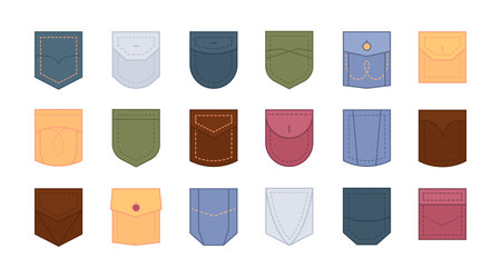 Patch pocket set. Design colored pockets of round, oval and rectangular shapes for clothes shirt, dress, denim, bag collection monochrome color with linear stitches. Vector graphics in flat style.のイラスト素材