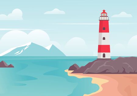 Lighthouse in bay on beach. Lighthouse tower on stone hill at edge of blue sea bay, white mountains on horizon clouds, illustration safe navigation travel. Vector color background.のイラスト素材
