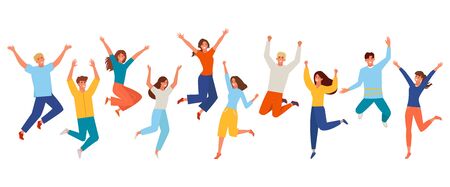 People happy jumping set. Young funny teens large group guy, girl, jumping together joy lifestyle celebration victory team smiling students celebrates success. Color cartoon vector.のイラスト素材