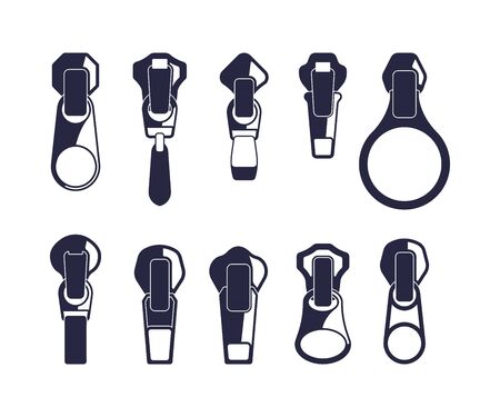 Sliders stripper set. Clasp in metallic monochrome color with a round, oval, square tongue, quick opening and zipper of clothes with a decorative fastening design. Vector graphics in a linear style.のイラスト素材