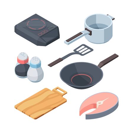 Kithhen cook set. Electric stove white cooking ladle slice of red fish frying pan for frying pepper salt, wooden board stirring paddle, art cooking. Vector elements graphics.のイラスト素材