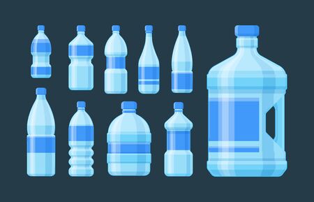 Bottle plastic set. Blue capacity bottled liquid soda cider oil convenient form blue label for sports recreation different volume any quantity cold water, fresh juice. Vector flat style.のイラスト素材