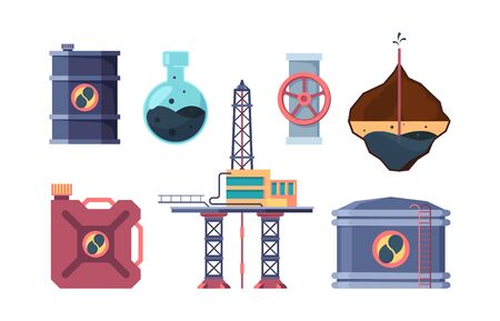 Oil industry set. Drilling well, opening valve on pipe, pumping oil off platform, studying the composition, pumping it into canister, tank, and storage. Vector graphics in flat style.のイラスト素材