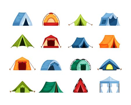 Camping set tent . Tourist tent with a canopy, reinforced with a rope with a peg, the shape of a nylon dome hemisphere, tent, blue, green, red, a symbol of open travel. Vector graphics in flat style.のイラスト素材
