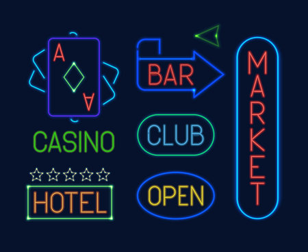 Neon signs set. Colorful neon electric pointers glowing letter club blue casino deck cards green market bar red hotel orange advertising poster business indicator. Vector soft cartoon glow.のイラスト素材