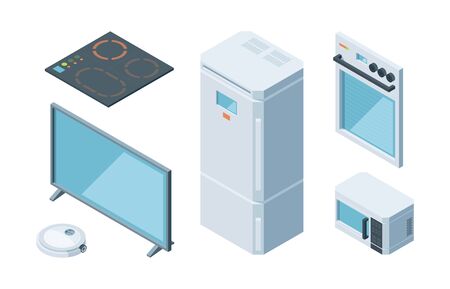 Kitchen isometric furniture set. Two chamber modern white refrigerator microwave plasma tv induction stove electric oven programmable vacuum cleaner. Vector isometric cartoon style.のイラスト素材