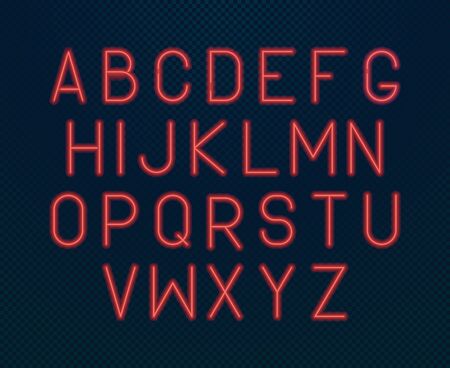 Neon alphabet. Glowing electric written font bright red backlit design alphabet fluorescent style set letters for casino advertising market business nightlife. Red neon vector font.のイラスト素材
