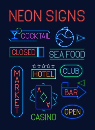 Signs neon set. Neon colorful electric pointers glowing letter club sea food blue casino deck cards green market bar cocktail red hotel orange advertising poster indicator. Vector cartoon soft glow.のイラスト素材