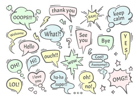 Speech bubble dialogs set. Colored conversational drawn message thoughts chat comics dialog cloud text question exclamation, art animated information white background. Color vector cartoon.のイラスト素材
