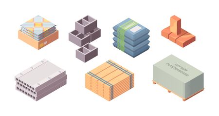 Construction materials building isometric set. Box with tiles large concrete blocks gray cinder block packaging cement bags wooden board red brick gypsum plasterboard container. Cartoon vector styleのイラスト素材