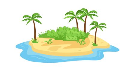 Tropical island in ocean. Small island with convenient sandy beach dense green shrubs center spreading palm trees along perimeter platform oceanic summer landscape. Flat vector vacation.のイラスト素材