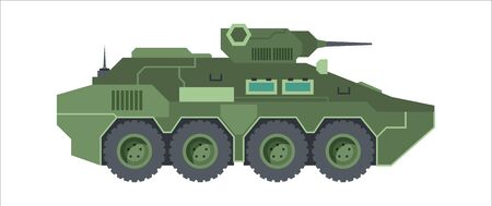 Fighting armored vehicle camouflage. Wheeled green armored personnel carrier gun tower automatic antenna transporting detachment soldiers protection autoloading wheels. Vector combat style.のイラスト素材