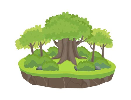 Green forest island. Old large oak tree with young grove alder fluffy crowns leaves sides overgrown shrub stones saturated platform forest warm summer mood. Vector cartoon travelのイラスト素材