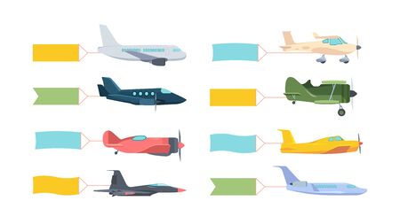 Airplanes with banner set. Modern retro aircraft with fluttering color poster on tail powerful combat fighter airliner motor yellow private high speed green training blue. Cartoon banner vector.のイラスト素材