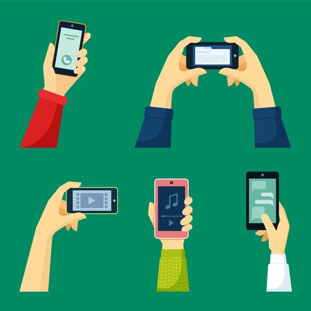 Hand holds smartphone set. Watching video content gadget reading ebook transport listening to fashionable music track sending message colleague receiving call long time friend. Smart cartoon vector.のイラスト素材