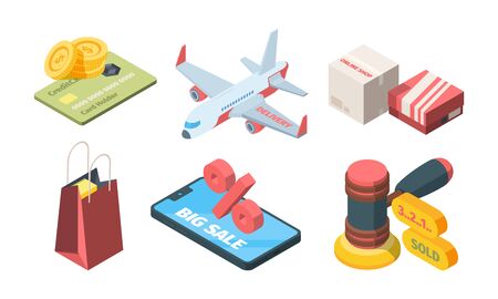 Sale goods in online store isometric set. Smatrphone big discount site boxes from online store quick delivery plane auction hammer last seconds sale creative shopping bag. Vector isometryのイラスト素材
