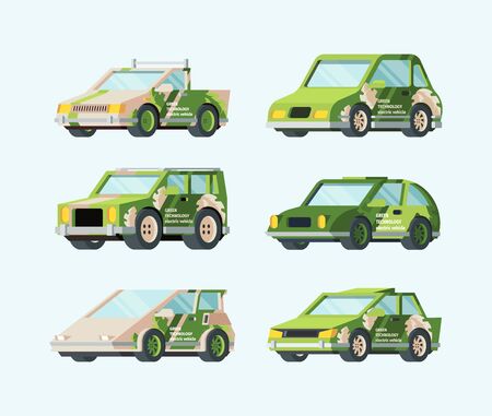 Electric cars of future set. Stylish green design ecological transport modern futuristic car frame safe alternative energy renewable energy sources environmental care. Cartoon charging vector.のイラスト素材