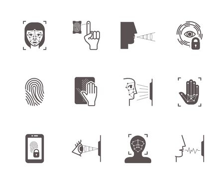 Biometric recognition system icons set. Face scanning, fingerprint palm identification opening lock by scanning retina voice vibration modern electronic protection systems. Vector detection iconsのイラスト素材