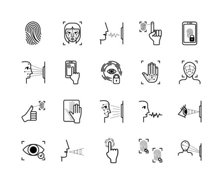 Recognition biometric icons system set. Fingerprint palm identification appearance biometry face scanning unlock smartphone scanning retina voice vibration modern protection. Security vector iconsのイラスト素材