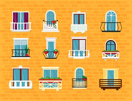 Window with balcony set. Beautiful classic balcony spanish take out openwork view italian combined open double wing sliding windows french built in pots plants. Vector trendy cartoonのイラスト素材