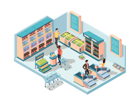 Supermarket interior isometric concept. Characters make purchases in store shelves groceries cold...