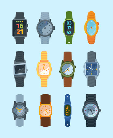 Stylish wristwatch set. Modern watches fashionable retro elite design mechanical electronic...