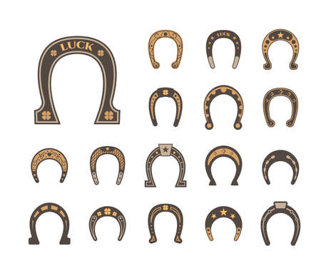 Horseshoes good luck set. Metallic stylish retro luck mascot equipment protecting horse.のイラスト素材