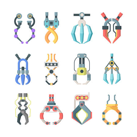 Robotic claws grips large set. Technological mechanisms for transfer goods industrial scale arcade game hooks for prizes element equipment for precise work fun gambling entertainment. Vector flat.のイラスト素材