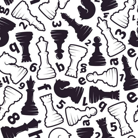 Chess seamless pattern. Stylish chess pieces in circle with Latin letters numbers white king and rook black queen and horse drawing an ancient strategic game logical battle design. Play vector.のイラスト素材