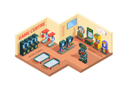 Game center isometric illustration. Room with slot machines and simulators an inside view electronic entertainment design trainers of digital sports excitement. Vector technology.のイラスト素材