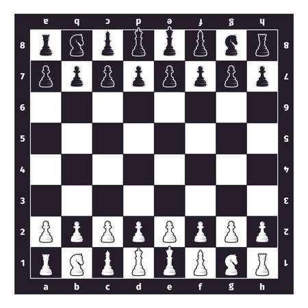 Chess on game board illustration. Ready for new round battle power logical mind strategic intellectual game black white pieces ancient art of war queen with king rook elephant. Chessmen vector.のイラスト素材