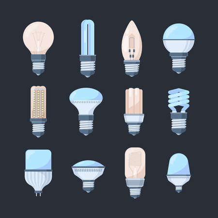 Bulbs colored light set. Retro modern lamps round and square fluorescent innovative bright halogen spiral filament inertial gas strong glass plastic contours lighting technology. Flat vector.のイラスト素材