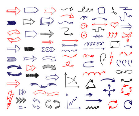 Arrows handdrawn colored pen sketch set. Ribbon pointers abstract red lightning graphic swirls...