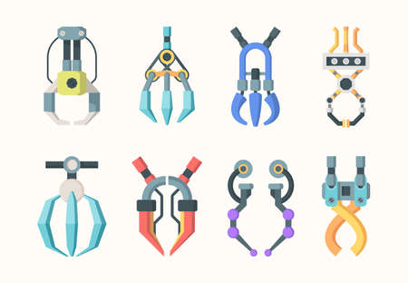 Claws robotic grips set. Mechanical arm arcade game hooks for prizes technological mechanisms transfer goods industrial scale equipment precise work fun gambling entertainment. Color vector flat.のイラスト素材