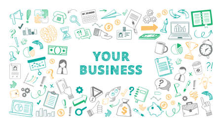 Handdrawn your business sketch color set. Financial and marketing elements piggy bank arrows rocket taking off laptop with infographics chess pieces financial creative presentation. Vector doodle.のイラスト素材