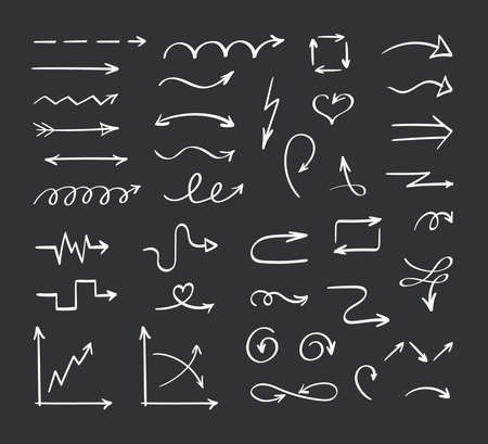Handdrawn arrows sketch set. Abstract ribbon pointers graphic swirls contour lines of direction simple curves with graphs sketchy roughly drawn cursors. Symbolic vector.のイラスト素材