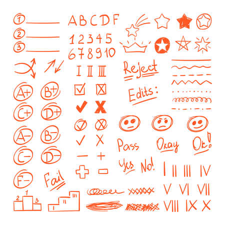 Handdrawn red pen test result marks set. Verification of homework marker for passing exams college classification studies at university correct erroneous answers reporting sketches. Vector doodle.のイラスト素材
