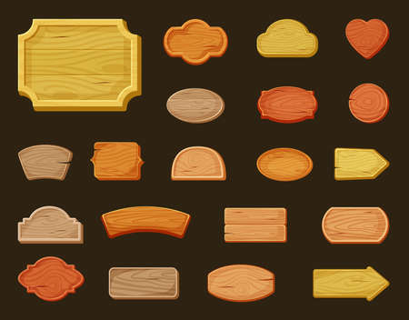 Signboards wooden large set banners. Retro information template blank colored arrows hearts from old solid in brown rectangular and oval landmarks wood bar signs billboards. Cartoon vector.のイラスト素材